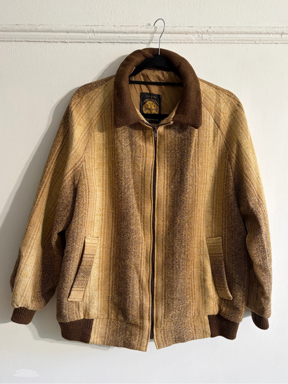 Men's Brown Two tone Gradient Striped Bomber Jacket M Jersey Collar